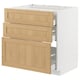 METOD kitchen unit with 3 oak-veneer drawers, light wood grain pattern, partially open.