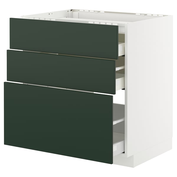 METOD kitchen unit with 3 dark green drawers, sturdy, smooth, modern design.