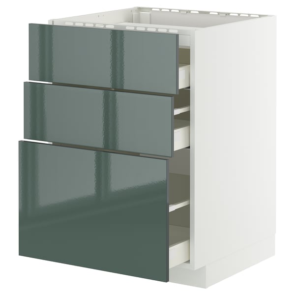 METOD kitchen unit: high-gloss grey-green drawers, white base, rectangular, modern design.