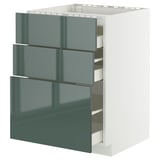 METOD kitchen unit: high-gloss grey-green drawers, white base, rectangular, modern design.