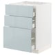 This image shows a modern kitchen cabinet from ikeas METOD system, featuring three grey-blue drawers with a high-gloss finish and sleek handles.