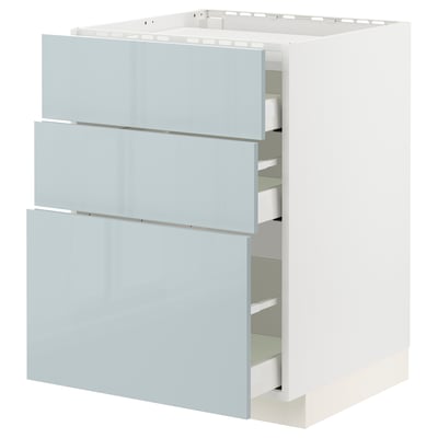 This image shows a modern kitchen cabinet from ikeas METOD system, featuring three grey-blue drawers with a high-gloss finish and sleek handles.