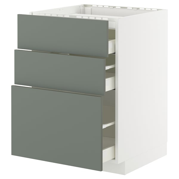 Modern kitchen unit with grey-green nickebo drawers and white frame, featuring three self-closing drawers.