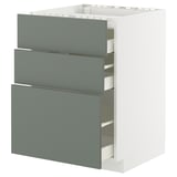 Modern kitchen unit with grey-green nickebo drawers and white frame, featuring three self-closing drawers.