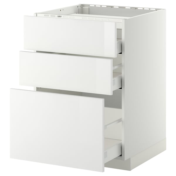 A white, modern kitchen cabinet with three drawers, part of the METOD system, designed for storage with a sleek, high-gloss finish.
