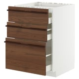 METOD kitchen unit, dark brown, wood handles, 3 drawers, white frame.
