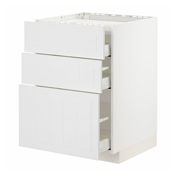 A white METOD kitchen cabinet with three drawers, featuring a modern and simple design.