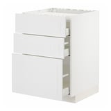 A white METOD kitchen cabinet with three drawers, featuring a modern and simple design.