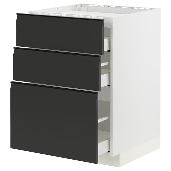 Modern kitchen cabinet, METOD series, in white with black drawers, sleek design, soft-close drawers, 3 visible compartments.