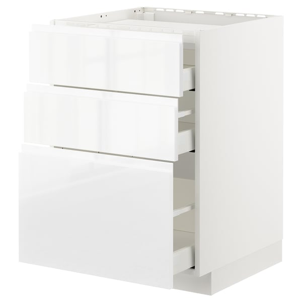 White ikea METOD kitchen cabinet with glossy finish, integrated handles, and multiple drawers.