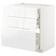 This image shows a white METOD kitchen cabinet with three drawers. The modern design smooth, glossy surfaces and integrated handles.