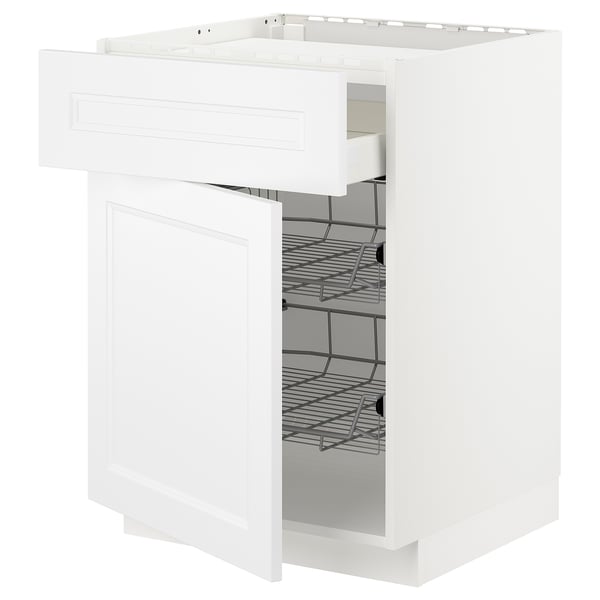 White kitchen cabinet with open drawer, metal racks visible inside. Modern, clean design.