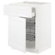 White kitchen cabinet with open drawer, metal racks visible inside. Modern, clean design.