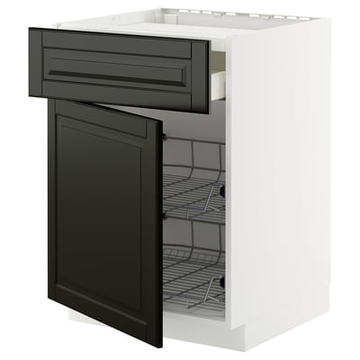 A white METOD kitchen cabinet with black bodbyn drawers and a door, featuring a modern design with beveled edges and metal racks inside.