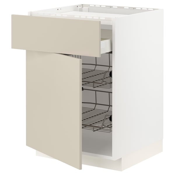 METOD kitchen unit, beige, wire shelves, white frame, recessed handle, 25-year guarantee.