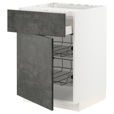 A white METOD kitchen cabinet with dark grey concrete effect doors and wire drawers.