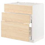 Modern white kitchen cabinet with three light wood drawers, sleek design, smooth finish.