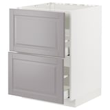 Ikea METOD white cabinet with grey drawers.