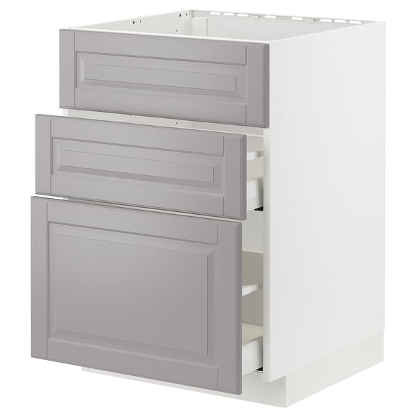 White METOD kitchen cabinet with grey bodbyn drawers, beveled edges, full-extension drawer system.