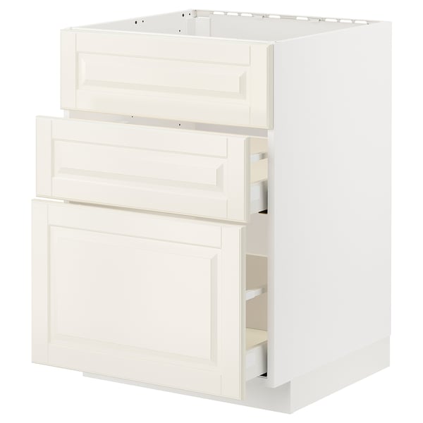 White METOD kitchen unit with beveled off-white bodbyn drawer & door fronts.