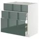 METOD kitchen unit with three high-gloss grey-green drawers, modern and sleek design.