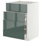 A modern, white METOD kitchen cabinet with three high-gloss grey-green drawers.