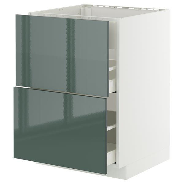 Modern gray-green high-gloss kitchen cabinet with multiple drawers.