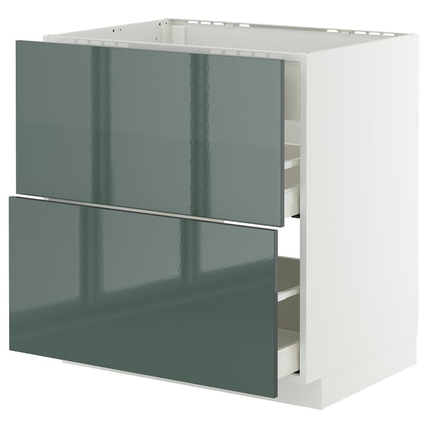 High-gloss grey-green METOD kitchen cabinet with smooth drawers.