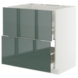 High-gloss grey-green METOD kitchen cabinet with smooth drawers.