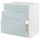 Modern grey-blue kitchen cabinet with three drawers, part of ikea METOD system.
