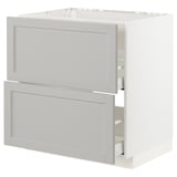 A white METOD kitchen cabinet with light grey lerhyttan drawers, featuring a classic design with bevelled edges.