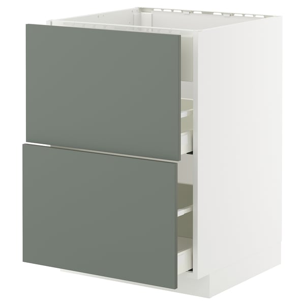 METOD kitchen unit with grey-green drawers and white frame.