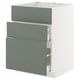Modern grey-green kitchen cabinet with 3 drawers, smooth and silent drawer system, sleek design, part of ikeas METOD collection.
