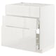 White METOD kitchen cabinet with three open drawers, glossy finish, rectangular shape.