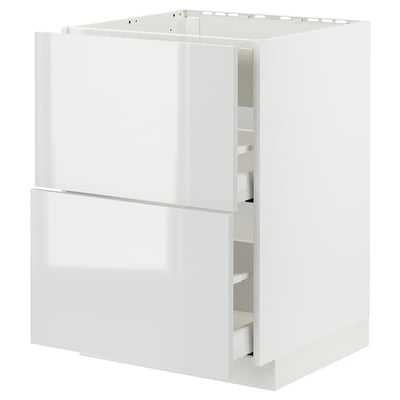 White METOD kitchen cabinet with drawers and shelves, modern design, glossy finish.