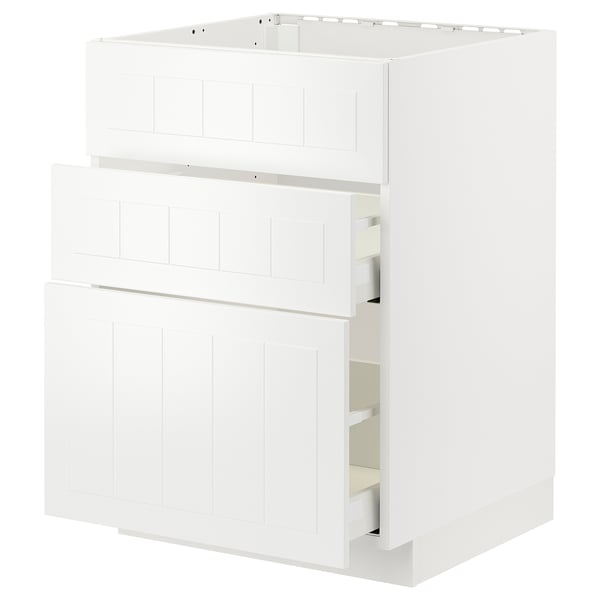 A white METOD kitchen cabinet with three drawers and a door, featuring a sleek and modern design.