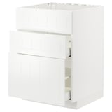 A white METOD kitchen cabinet with three drawers and a door, featuring a sleek and modern design.
