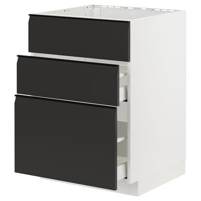 Modern black and white kitchen cabinet with three drawers, sleek flat surfaces, vertical design.