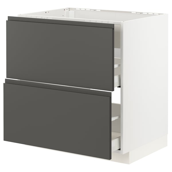 Modern grey kitchen cabinet with two drawers and sleek handles, part of ikeas METOD system.