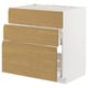 Modern white kitchen unit with oak drawers, minimalist design.