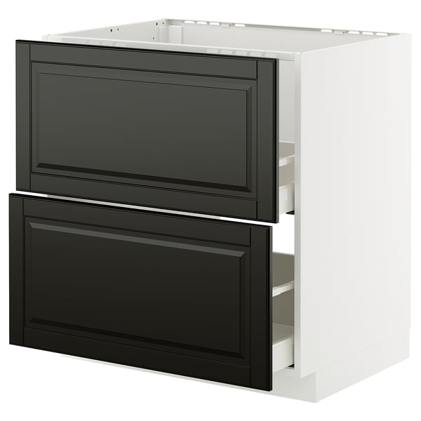 Modern white METOD kitchen cabinet with black bodbyn drawers, dark finish.