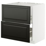 Modern white METOD kitchen cabinet with black bodbyn drawers, dark finish.