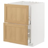 METOD kitchen unit with oak-veneer drawers, white base.