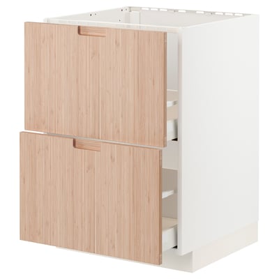 Modern kitchen cabinet, white and light wood, two drawers, sleek design.