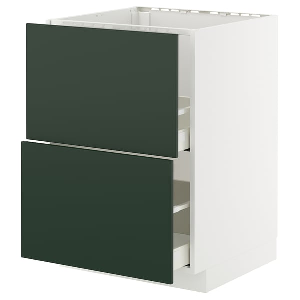 METOD kitchen unit with dark green drawers, sleek modern design, sturdy white frame, three drawers, 25-year guarantee.