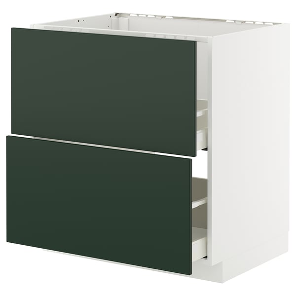 An ikea METOD kitchen cabinet with dark green havstorp drawers. It two drawers and a white base, offering modern storage.