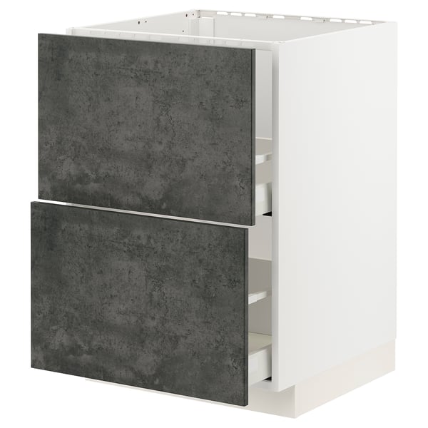 METOD kitchen cabinet with dark grey concrete kalhyttan fronts, modern urban design. White frame; two drawers.