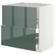 High-gloss green-grey kitchen cabinet with two drawers and white frame.