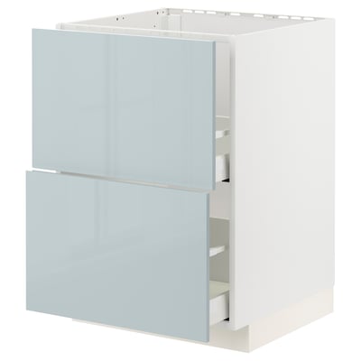 Displays a modern grey-blue kitchen unit with two drawers from the METOD system.