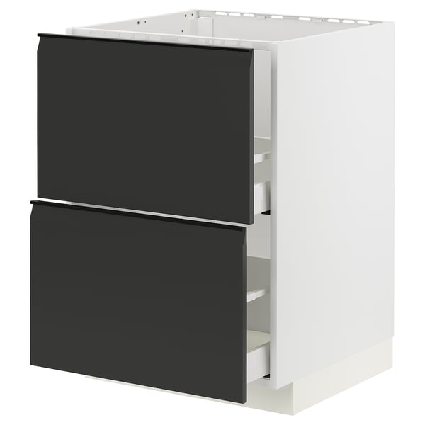 METOD kitchen unit with black drawers and white frame, modern design.